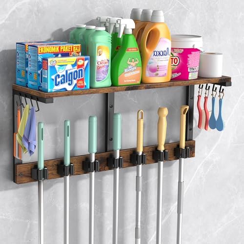 Housolution Wall Mount Broom Holder Hanger Laundry Room Storage Shelves | Thickened Metal Frame, 100 LBS High Load-Bearing, Large Capacity, Multifunctional with 7 Grippers & 8 Hooks
