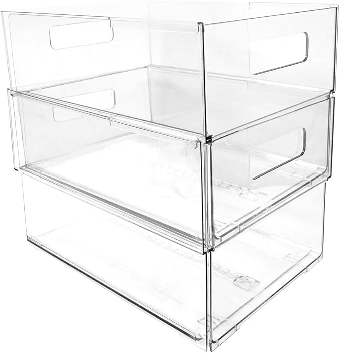 Isaac Jacobs 2-Pack Clear Expandable Storage Bins - Extra Large | 11"-19" L x 10" W x 7.8" H, Plastic Organizer with Cut-Out Handles, Adjustable Length from 11-19" Home, Kitchen & Office