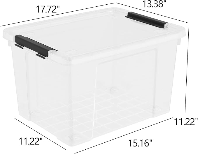 40 Quart Plastic Clear Latching Storage Bin with Wheels, 4 Packs | Stackable Plastic Organizer Totes Box with Lids