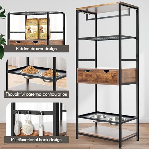 Tidyard Dog Feeding Station, 3-Tier Height Adjustable Raised Dog Bowls with Storage Shelves and Drawer, Particle Board and Metal Frame, Stainless Steel Bowls for Large Medium Dogs and Cats