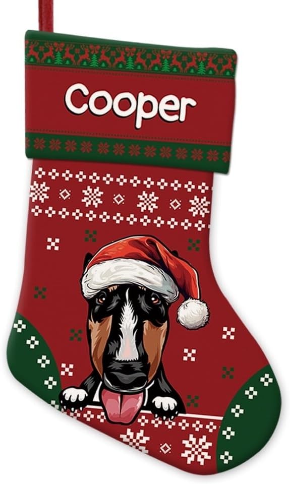 Personalized Christmas Stocking Cute Bull Terrier Dog Red Christmas Snowflake Xmas Holiday Stocking Fireplace Home Decor 14"