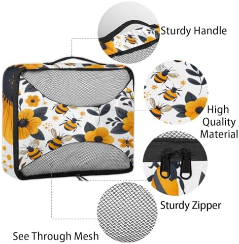 Bee 4 Set Packing Cubes Luggage Organizer Bags for Travel Accessories and Essentials, Yellow Floral