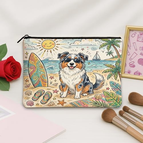 Cute Australian Shepherd Dog Makeup Bag, Coastal Beach Shells Cosmetic Travel Pouch for Women Girls, Pet Portable Small Canvas Zipper Organizer 7x9 Inch