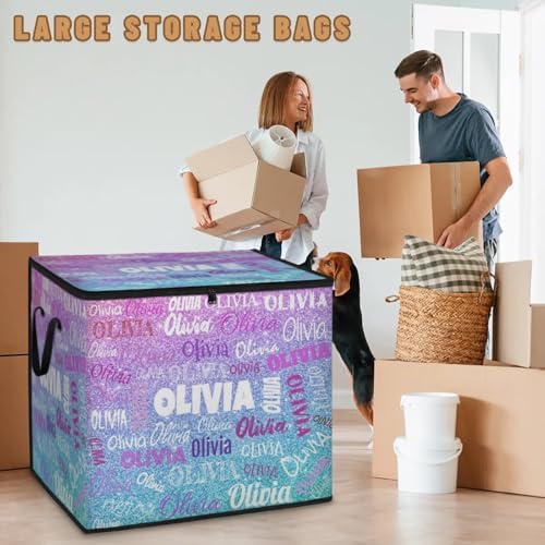 Custom Extra Large Storage Baskets Named with Lid, Personalized Storage Bins Basket Boxes Handles for Clothes Blanket Bedroom Closet Organizing Toys Shelves, Pink Blue Glittery Sequins
