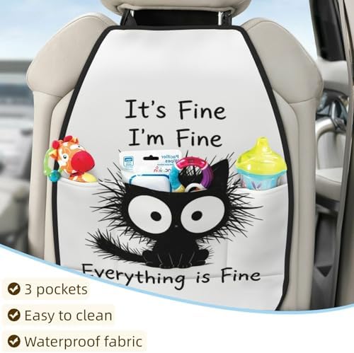 Car Seats Back Protector 2 PCS - Fine Cat | with 3 Storage Pockets, Shield Seats From Dirt, Mud Scratches, Fits Cars SUVs Trucks and Jeeps