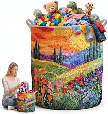 Rustic Farmhouse Quilted Laundry Basket with Handles, Heavy Duty Fabric Hamper for Bedroom, Mudroom & Entryway(16" x 22")