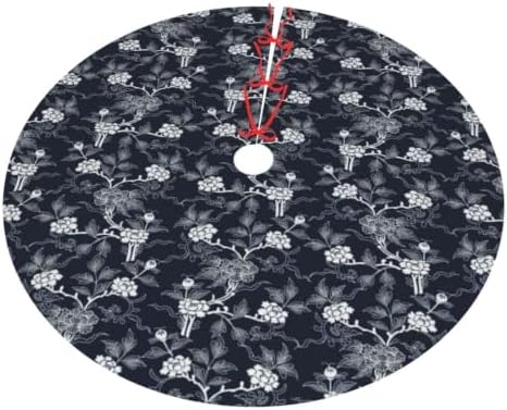 Christmas Tree Skirt, Soft Polyester Xmas Tree Skirts with Ribbon Ties, Rustic Farmhouse Holiday Party Decorations Indigo Dye Seamless Stencil Pattern 36"