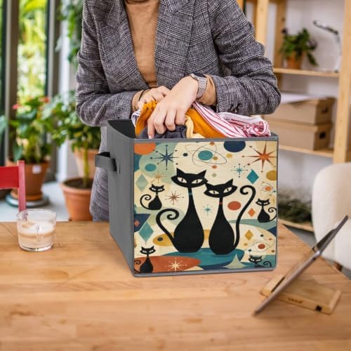 Black Cats Space Storage Bin with Handles, Oxford Fabric Foldable Storage Cube Organizer for Clothes, Towels, Bedroom, Living Room, Home Organization