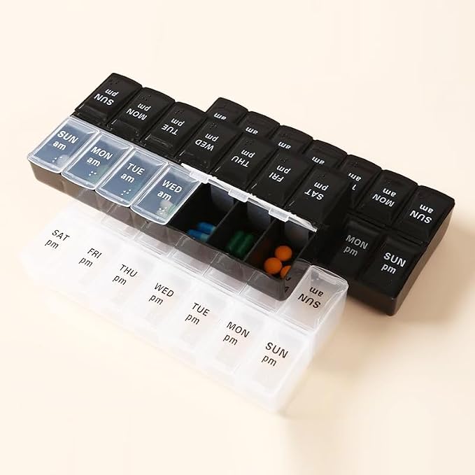 Large Pill Organizer, Weekly Portable Pill Dispenser Reminder Box | Travel Daily Pill Case Holder, Medication Planner for Vitamin, Medicine, Fish Oil, Supplements, 14 Compartment, Transparent