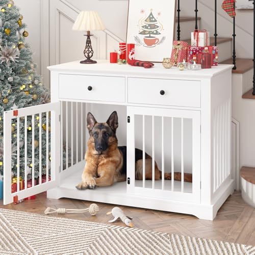PRETZI Dog Crate Furniture, 44 Inch Wooden Dog Kennel Indoor with 2 Storage Drawers, Heavy Duty Large Crate Furniture, Decorative End Table Cage Furniture for Small/Medium/Large (White)