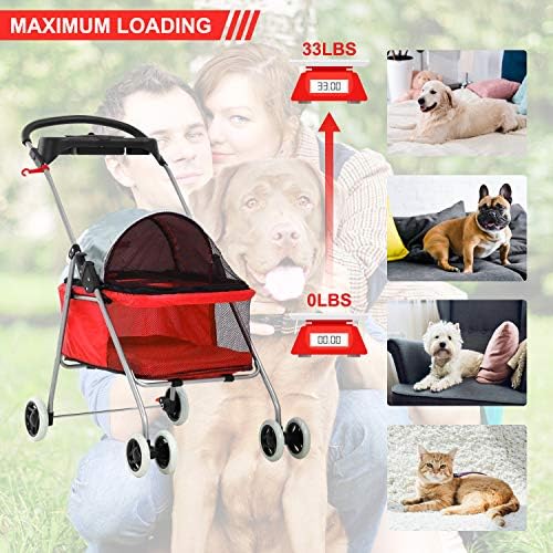 Meet Perfect Pet Stroller for Small/Medium Dogs & Cats, Red, Foldable | Waterproof fabric helps protect pets during outdoor travel; Mesh panels provide ventilation and visibility.