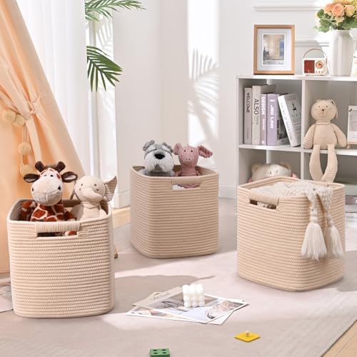 13 Inch Storage Cubes, 3 Pack Cube Storage Bins for Organizing, Cotton Rope Woven Baskets for Shelves, Bathroom, Kids Room, Closets, Baby Nursery