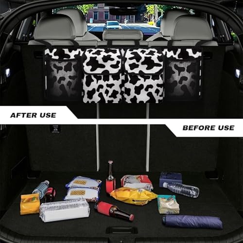 Dreaweet Cow Print Trunk Organizer for Car Women Cute Car Storage Accessories Interior,Large Capacity Backseat Trunk Organizer,Collapsible Car Storage Bag with 4 Pockets,Car Organizer for SUV Truck