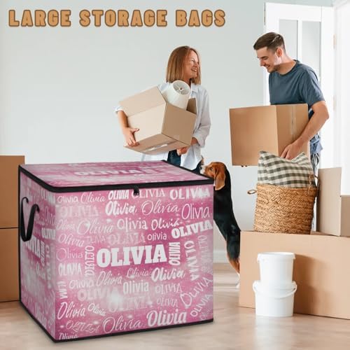 Personalized Name Foldable Storage Basket Cubes with Lid, Laundry Hamper Dirty Clothes Pet Toys Storage Bin with Handles for Shelf Home Closet Kitchen, Watercolor Pink Galaxy with Stars