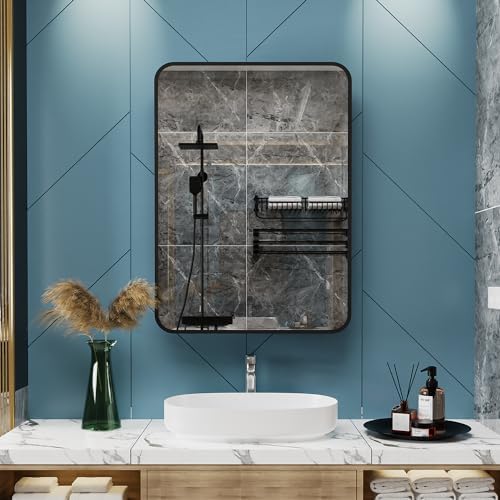 ACEMIRO 20x28 Inch Black Recessed Bathroom Medicine Cabinet with Mirror Metal Framed Farmhouse Surface Wall Mounted Mirrored Bathroom Medicine Cabinets
