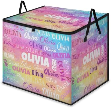 Personalized Extra Large Storage Basket with Lid, Comforters, Watercolor Painted Rainbow Colorful Bedding Storage Bin for Home, Collapsible Basket for Clothes, Moving, Car Trunk