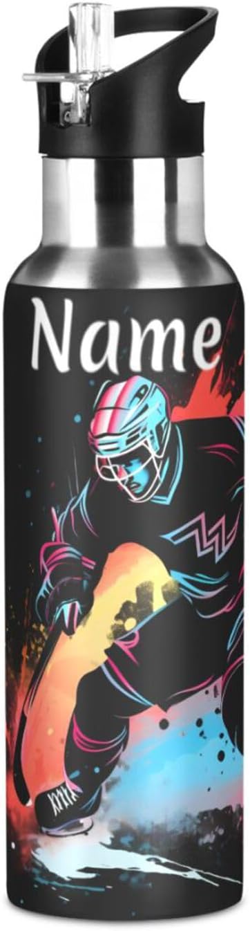 Custom Name Hockey Player Water Bottle with Straw Lid Kids Insulated Stainless Steel Water Flask Sports, 20 Oz Hot Cold