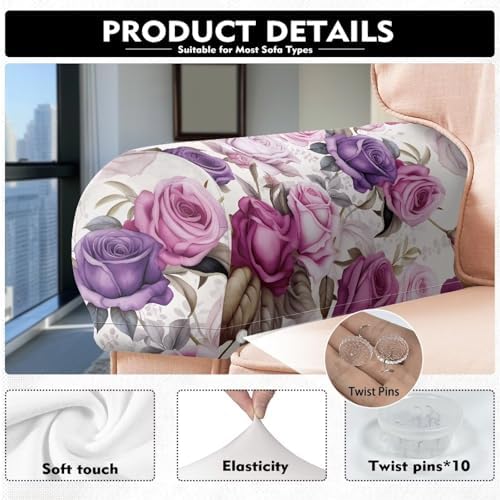 Armrest Covers for Sofa Elegant Rose Chair Arm Covers for Recliner Stretch Armrest Covers Furniture Protector Protect and Decorate Your Sofa