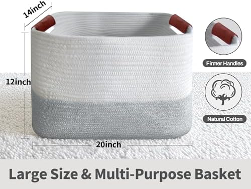 Large Cotton Rope Storage Basket with Leather Handles, Laundry Hamper Basket, 20 "L x 14" W x 12 "H, Durable & Stylish Organizer for Home.(Large Light Gray )