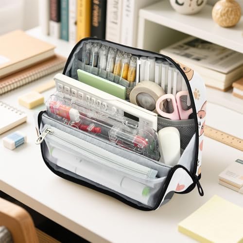 Emelivor Dogs Pets Puppies White Pattern Large Capacity Pencil Case Stand Up Pencil Pouch for School Office Aesthetic Pen Organizer Bag with Pockets Portable Makeup Pouch for Kids Adults Boys Girls