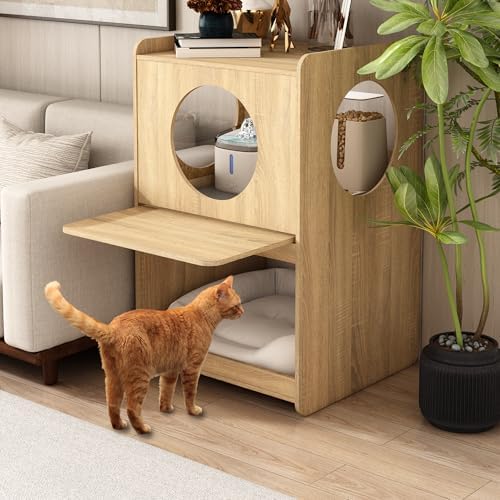GDLF Cat Feeding Station with Water Fountain Space, Elevated Window Perch