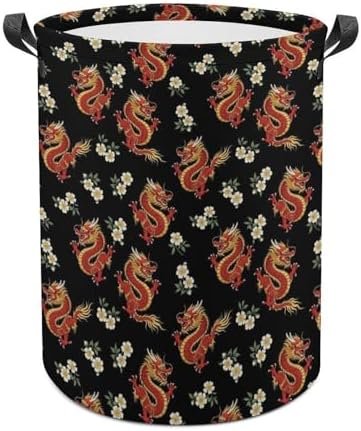Waterproof Laundry Hamper with Handles Floral Chinese Japanese Dragon Flower, Collapsible Basket for Clothing, Toy, and Towel Organization in Home and Nursery