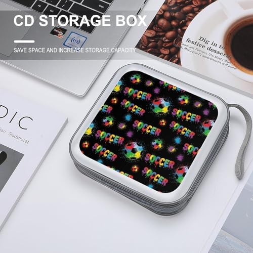 Portable 40-Disc CD Storage Binder Football Soccer Sports Ball, Hard Case Wallet with Handle, Protective Organizer for Movies Music Travel