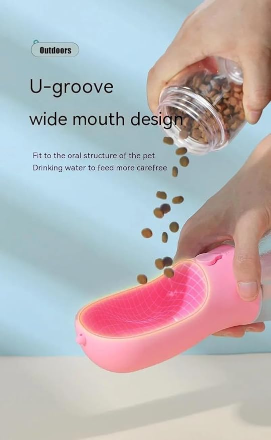 Three-in-one Portable Multi-Functional Pet Cup (Includes 1 Roll of Poop Bag) (Capacity 20 oz Water, 100 gm Food) (Pink)