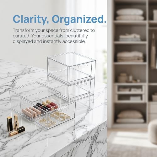 GALPADA 4pcs Stackable Storage Drawers with Removable Dividers and Handle, Pet Makeup Organizer Box for Necklaces and Lipsticks, for Home Use and Closet Storage