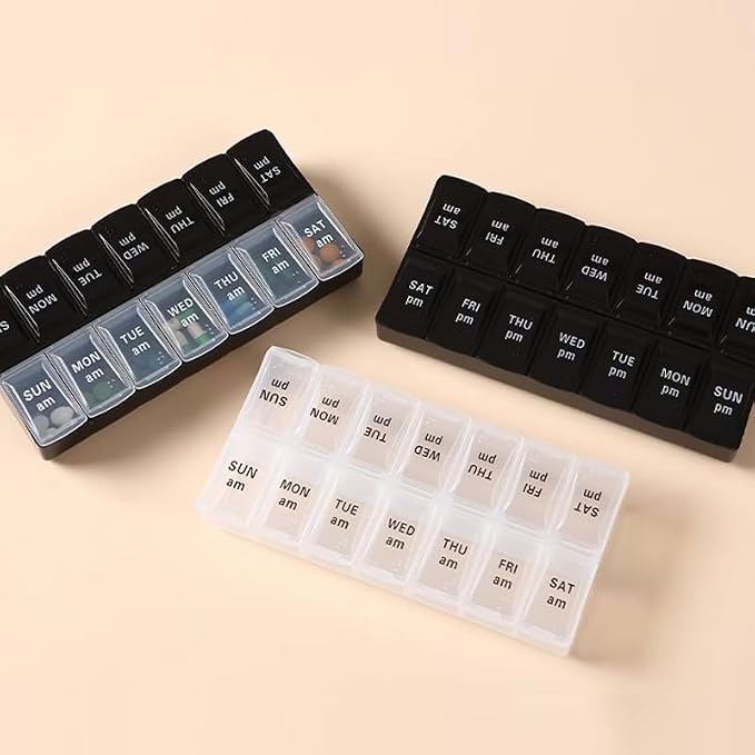 Large Pill Organizer, Weekly Portable Pill Dispenser Reminder Box | Travel Daily Pill Case Holder, Medication Planner for Vitamin, Medicine, Fish Oil, Supplements, 14 Compartment, Transparent