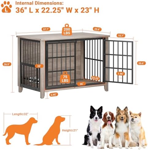 YaFiti 37.7" Wooden Dog Crate Furniture for Medium Dogs, Grey | Adjustable Feeder, 2 Bowls, Chew-Resistant, Heavy Duty, Dog Kennel Indoor, Decorative Side End Table, Pet Cage House
