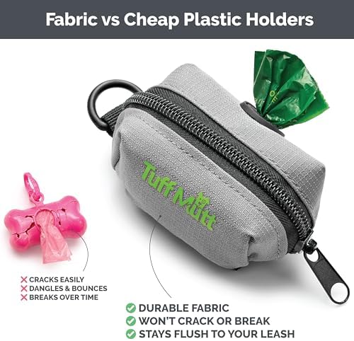 Tuff Mutt Dog Poop Bag Holder with Velcro Attachment - Durable Fabric Poop Bag Dispenser for Leashes - Includes Starter Roll for Easy Cleanup (Pack of 3)