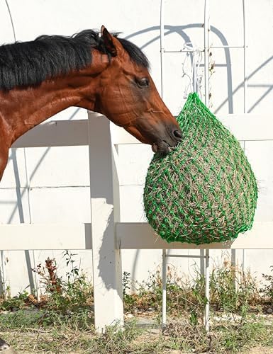 Harrison Howard Slow Feed Hay Net for Horses, 40 Inch Hay Bag Holds 1–2 Flakes, 2 Inch Mesh Durable Hanging Feeder for Stable, Pasture & Livestock-Bright Green