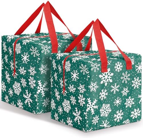 Kajaia 2 Pcs Christmas Ornament Storage 12 x 12 x 12 Inch Snowflake Holiday Accessories Bag Christmas Storage Containers Tear Proof Xmas Ornament Organizer with Handles Full Length Zipper (Green)