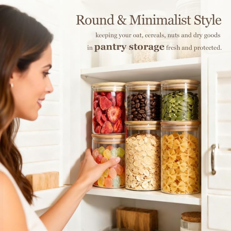 ComSaf Glass Storage Containers with Lids, Set of 6 Jars (0.6Qt/1Qt/1.5Qt) | Glass Pantry Storage Containers, Pantry Organization, BPA Free, Kitchen Canisters, Dry Food Flour Cereal Sugar Tea Coffee