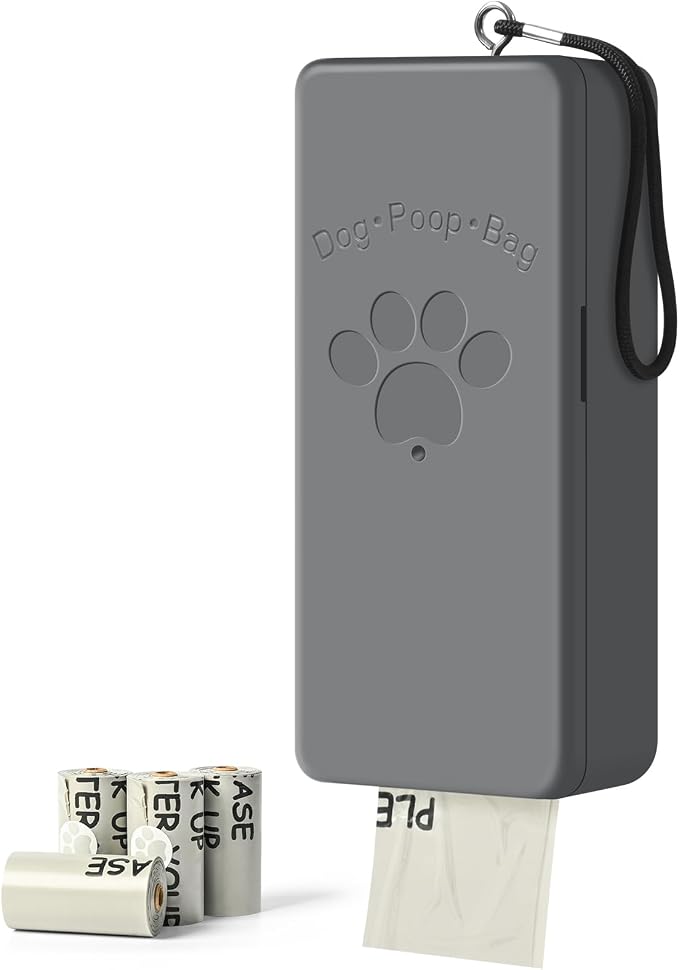 Dog Poop Bag Dispenser for Hanging Use, Grey Poop Bag Holder with Magnetic Closure, Includes 4 Rolls (60 Bags)