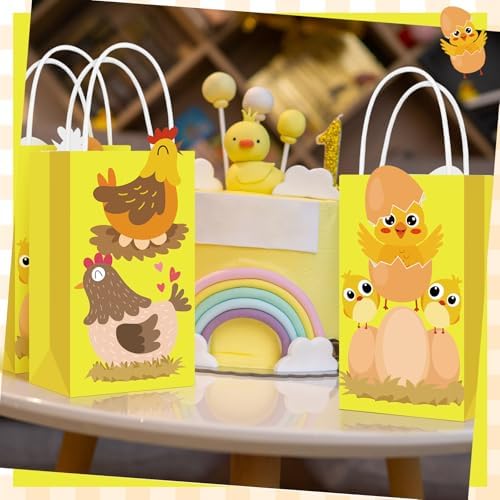 Trnayi 16 Pcs Gold Glitter Chicken Party Favor Bags Kraft Farm Animal Themed Goodie Bags with Handles Double-sided Printing Treat Bag for Birthday Easter Farm Animal Party Decorations