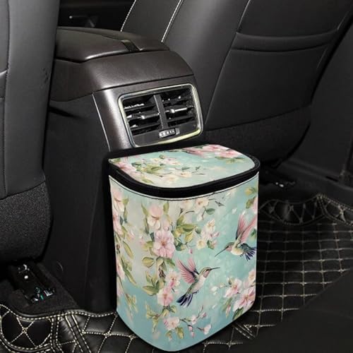 DISNIMO Spring Blossom Hummingbird Car Trash Can Car Accessories Organizer Garbage Bag Dustbin Container with Zipper Lid Waste Basket Storage Pockets Hanging Vehicle Trash Bin