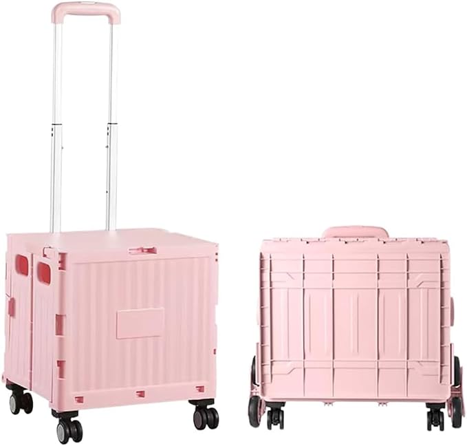 Collapsible Shopping Box Trolley on Wheels with Lid,75L Large Capacity Folding Portable Rolling Crate Handcart with Telescopic Handle for Camping (Green,Four Wheel)