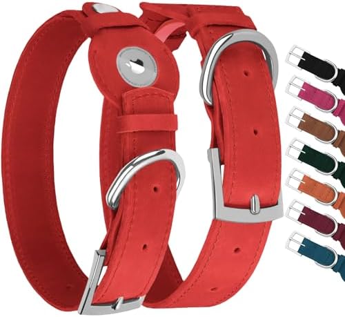 Leather Dog Collar with Airtag Holder - Apple Air Tag Dog Collars - Soft Tracking GPS Pet Collar for Small Medium Large Dogs Breed Puppy (Red, S, 9"-12" Neck Fit)