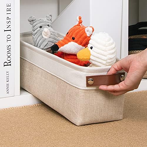 DULLEMELO Fabric Bathroom Storage Bin with Leather Handles, Narrow Organizer for Towels, Toilet Paper Rolls, Storage Basket for Back of Toilet, Vanities, Shelves & Cabinets (White&Khaki)