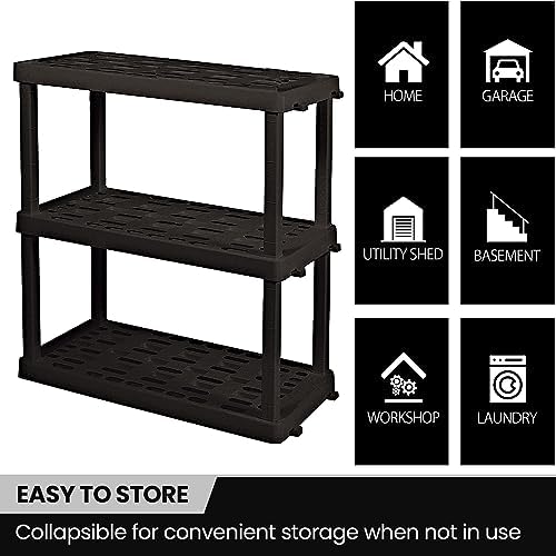 Oskar Heavy Duty Plastic Storage Shelves- for Garage, Kitchen, Bathroom Basement Kids Room, Stackable 3-Tier Black Organizer Rack for Books Shoes, Toys, Pantry, Cleaning and Closet Organization