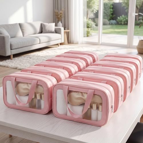 Abbylike 12 Pcs Clear Toiletry Bags with Handle for Women and Men, Matte Translucent Waterproof Cosmetic Bags with Zipper for Travel Toiletries Wash Shower Accessories Bachelorette Bridal Party(Pink)