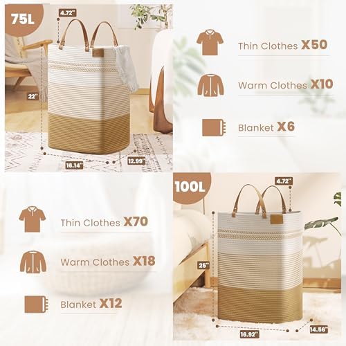 danpinera 100L Nursery Hamper, Tall Woven Laundry Basket with Long Leather Handles, Boho Laundry Hamper for Living Room & Bedroom, Eco-friendly & Convenient Decorative Storage Basket White & Jute