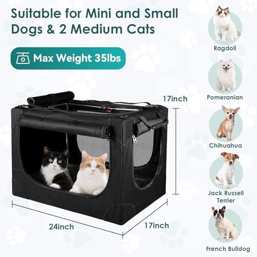 24 Inch Collapsible Soft Dog Crate for Small Dogs, Travel Dog Crate Black | Portable Dog Crate Soft Sided, 4-sided Mesh Vents, Foldable with Storage Bag, Fit Small Dogs & Large Cats, Indoor/Outdoor