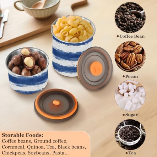 Blue Strips Coffee Canister with Lid Airtight Food Storage Containers 30oz Stainless Steel Canisters Kitchen Food Organizer for Beans, Cereal, Pasta, Flour, Sugar, Snacks