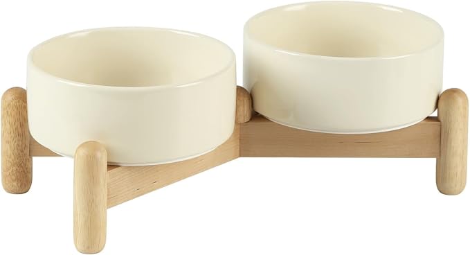 Havniva Ceramic Dog Bowls Elevated, Raised Dog Food Bowl for Puppies | 5.1” Elevated Dog Bowls, Non-Slip Wood Stand, Dog Food and Water Bowl Set, Dog Feeding Dish, Large Capacity Pet Water Bowl