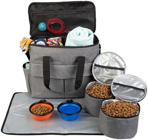 Dog Travel Bag - Cat and Dog Storage Organizer with Pockets, Mat, 2 Food Containers, and 2 Large Collapsible Travel Dog Bowls by PETMAKER (Gray)