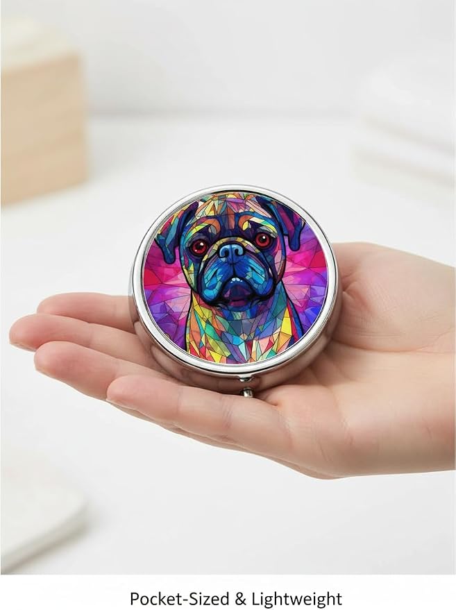 Pug Dog Small Box for Pill,3 Compartment Pill Case Travel Medicine,Portable Pocket or Purse Pill Organizer Container Holder Hold Vitamins, Medication, Fish Oil Supplements