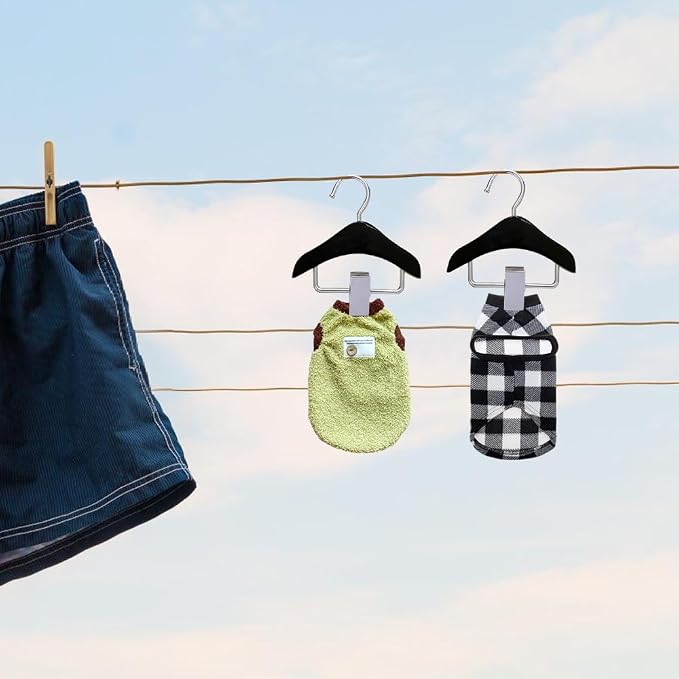 MIUPOO Mini Hanger,Pet Apparel Hangers,Cat Clothes Small Wooden Hangers with Anti Slip Clip, Pet Clothes Hanger,Dog Clothing Display Hanger,Hat Tie Wig Storage Rack,Black,2 Pack.